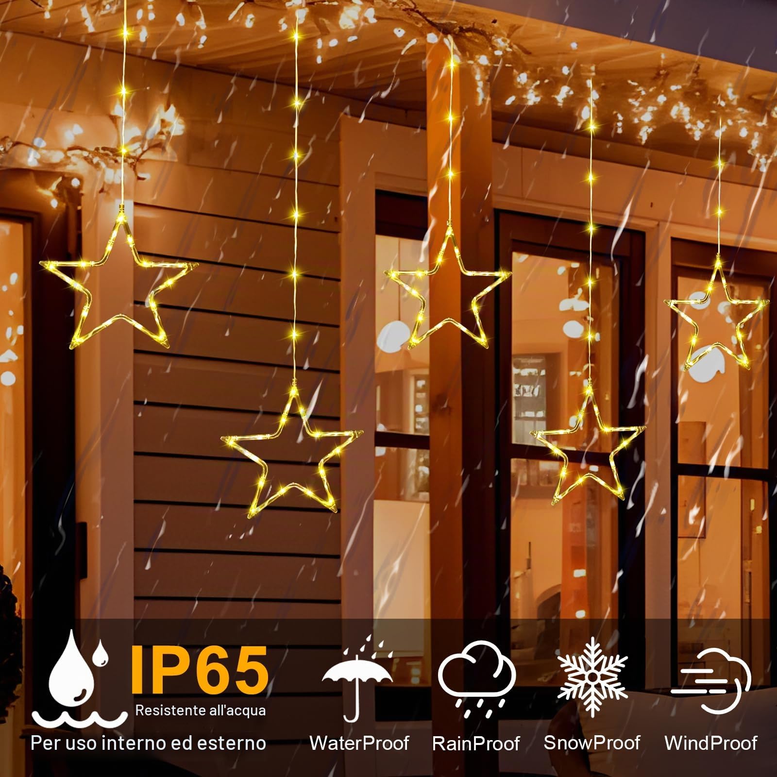 GlobaLink Luci Natale Finestra 5 Stelle 96LEDS, Tenda Luminosa Natale con Batteria 8 Modalità IP65 Impermeabilità Finestre Luci Stelle per Interno Esterno Vetrina Porte Casa Festa, Bianco Caldo