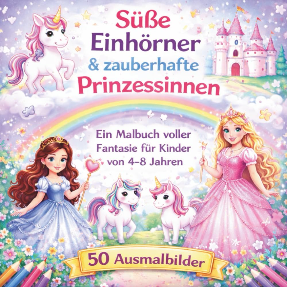 Süße Einhörner & zauberhafte Prinzessinnen: Ein Malbuch voller Fantasie für Kinder von 4–8 Jahren – 50 Ausmalbilder