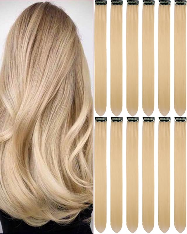 12 extensiones de cabello rubio con clip, accesorios dorados para el cabello de 22 pulgadas | Extensiones de peluca rubia, postizos sintéticos largos y rectos para niñas, niños, mujeres, cosplay de fiesta y uso diario