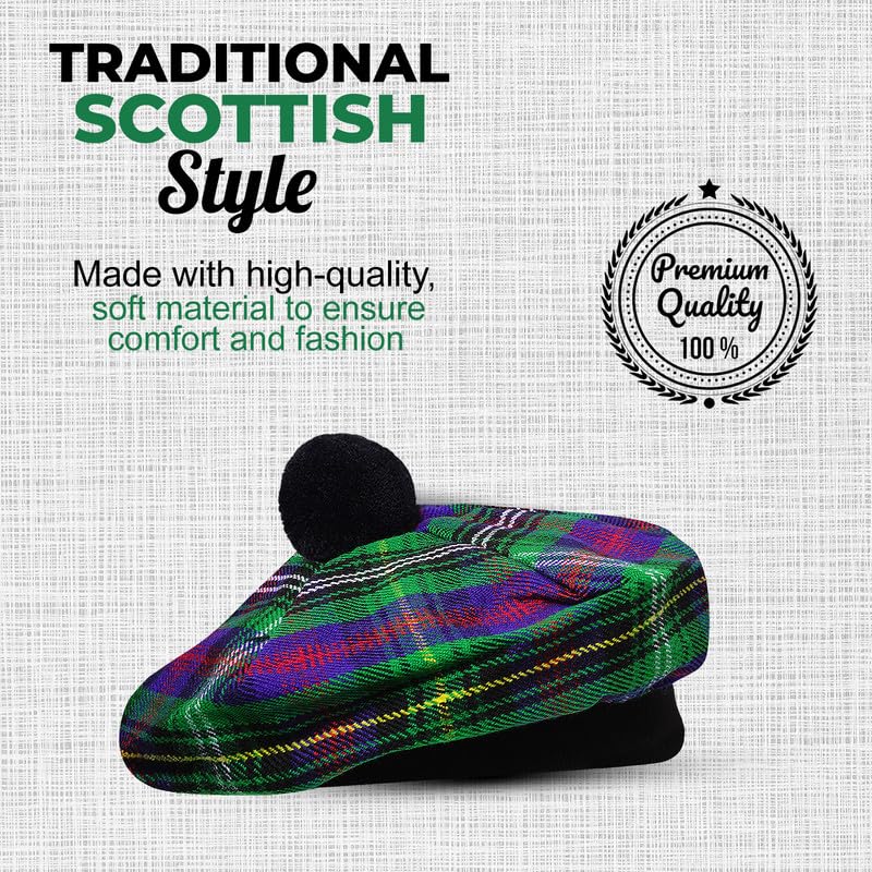 Image of Scottish Tam O' Shanter Hat Tartan Bonnet Pom Pom Wool Flat Cap One Size