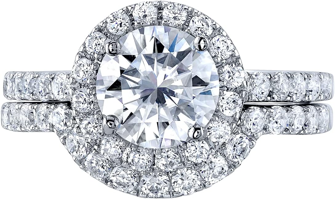 PEORA Moissanite Classic Halo Engagement Ring and Wedding Band Bridal Set in Sterling Silver, 1.50 Carat Center, DE Color, VVS Clarity, Sizes 4 to 10