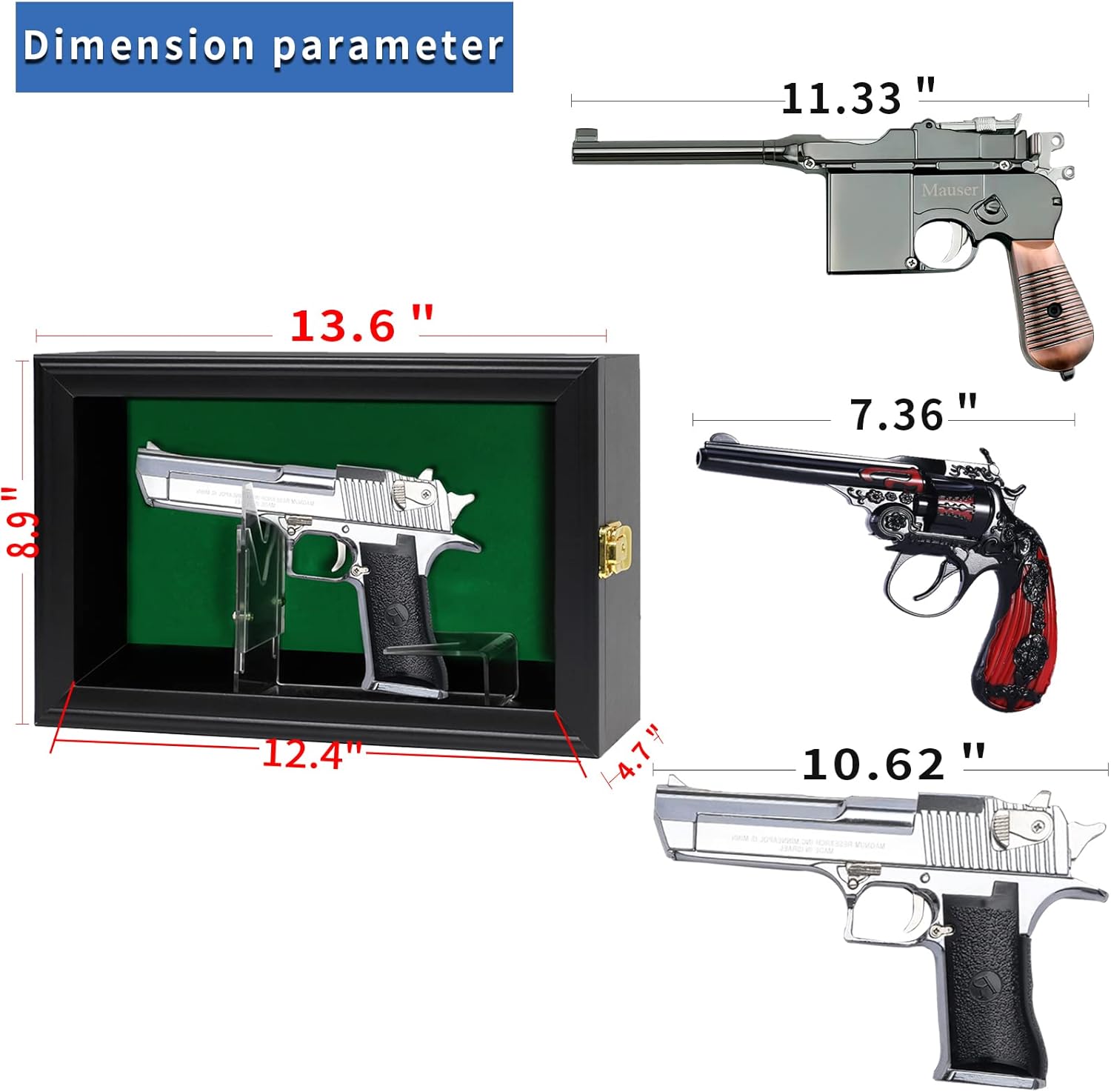 Handgun Pistol Revolver Gun Display Case Wall Mount Lockable Green Felt Wood Cabinet w/ 98% UV Protection Acrylic Clear Door Gun Shadow Box Stand Rack Holder