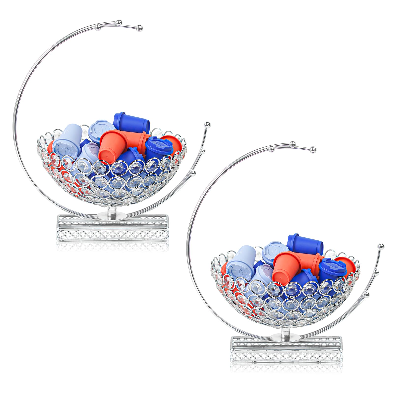 Metal &amp; Crystal Coffee Pod Holder &amp; Candy Basket - Elegant Multipurpose Storage Organizer for K Cups, Espresso Pods, Treats - Kitchen, Office, Home Bar (Silver, 2 PCS)