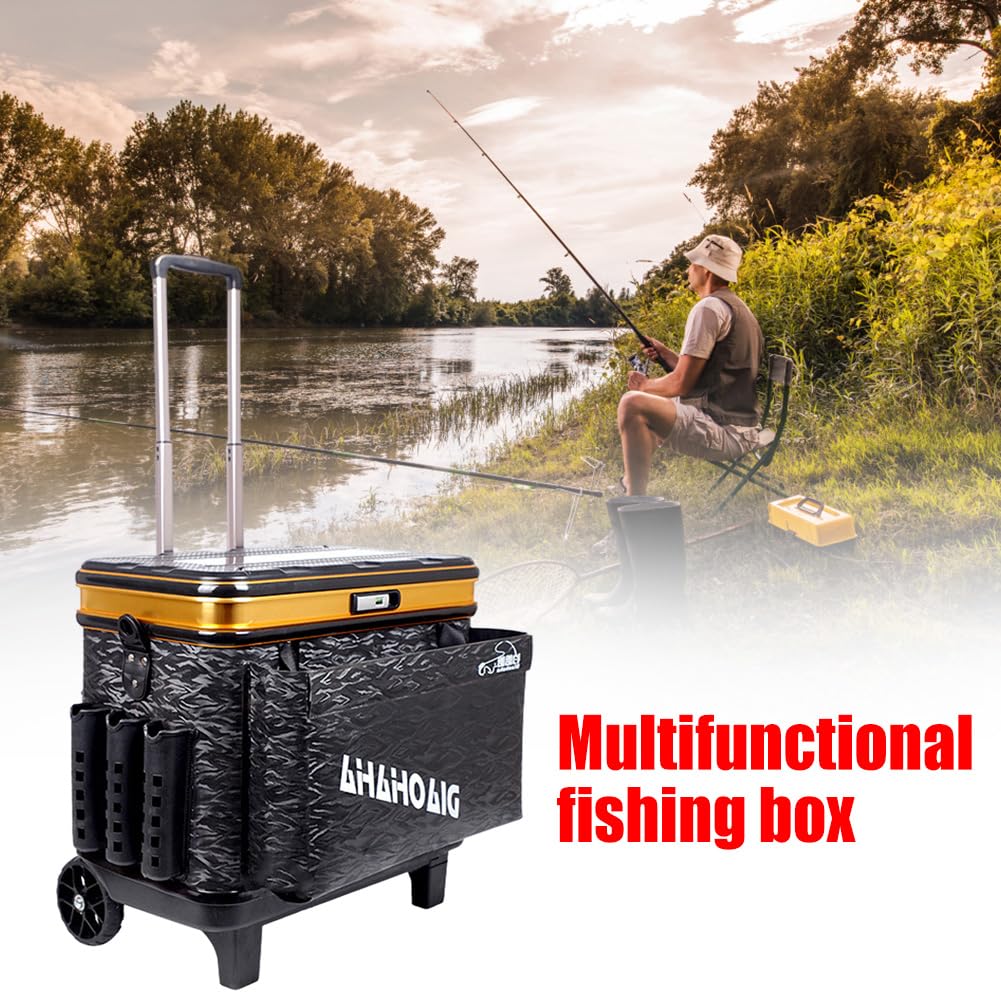 Caja de aparejos de pesca con ruedas, multifuncional, caja de anzuelos de pesca, alta capacidad, ajustable, duradera para artes de pesca