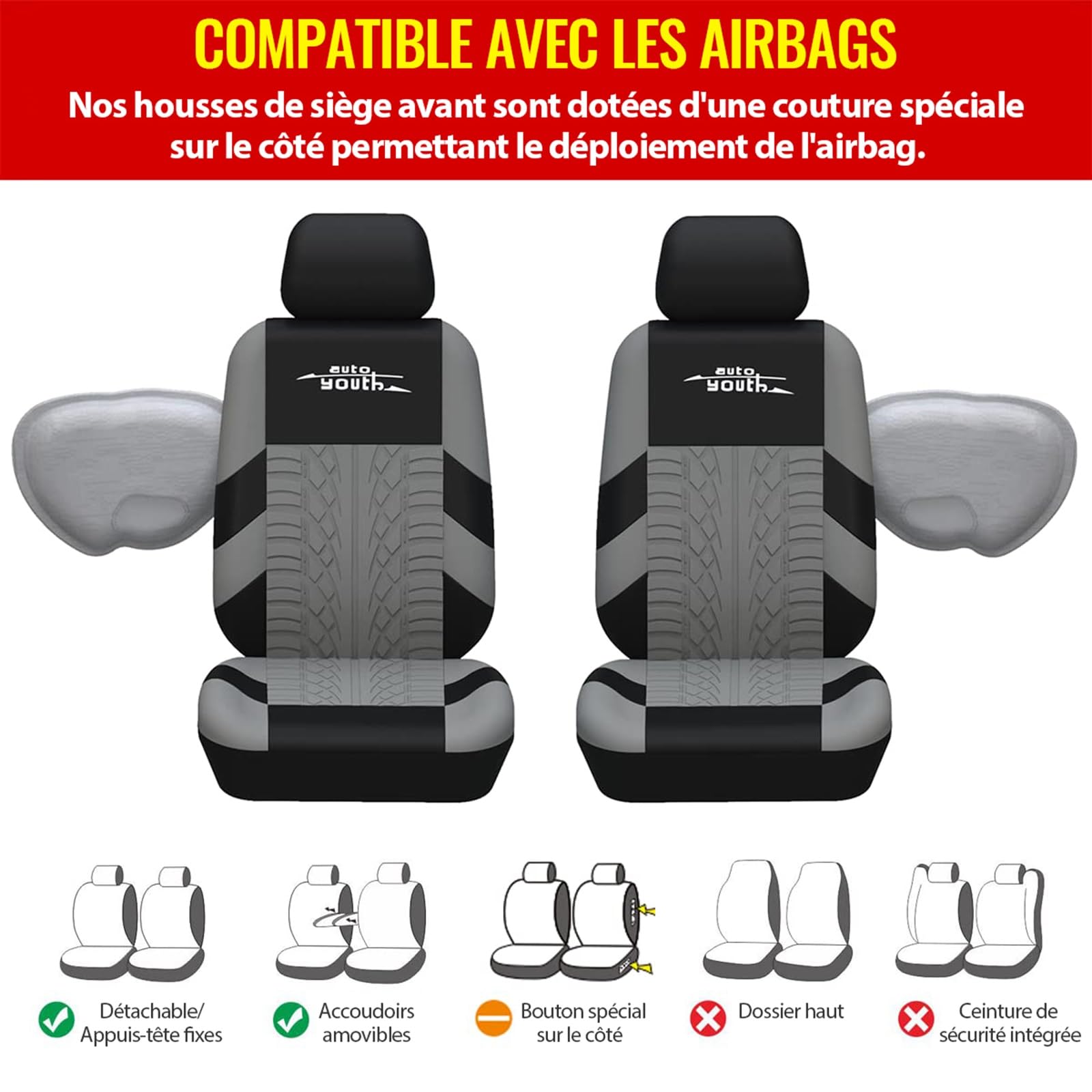 AUTOYOUTH Housse de Siège de Voiture Universelles Traces de Pneus Housses de Siège Auto - Accessoire de Siège Auto - Gris