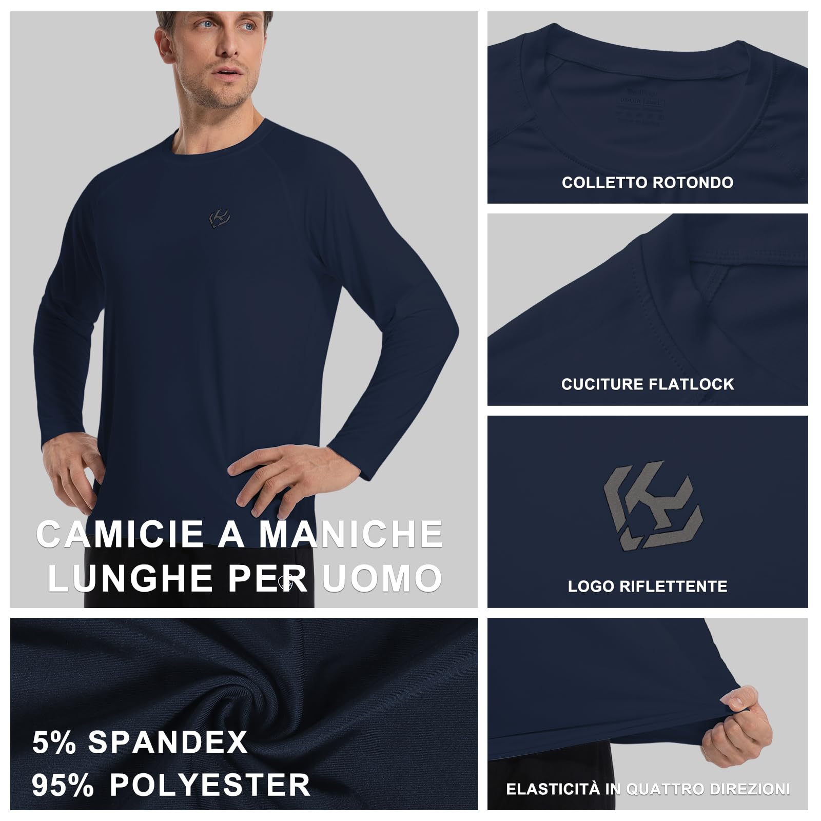 Maglietta Sportive Uomo Asciugatura Rapida Traspirante Maniche Lunghe Shirt Funzione Allenamento Top Protezione UV Maglietta Leggero All Aperto Maglia Da Corsa Per Escursionismo Ciclismo Casual