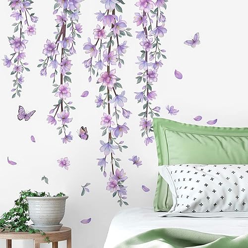 Miniatura 6 de Pegatina de pared de vinilo impermeable con diseño de flores y vides moradas para colgar en casa, dormitorio de niñas, habitación de niños,