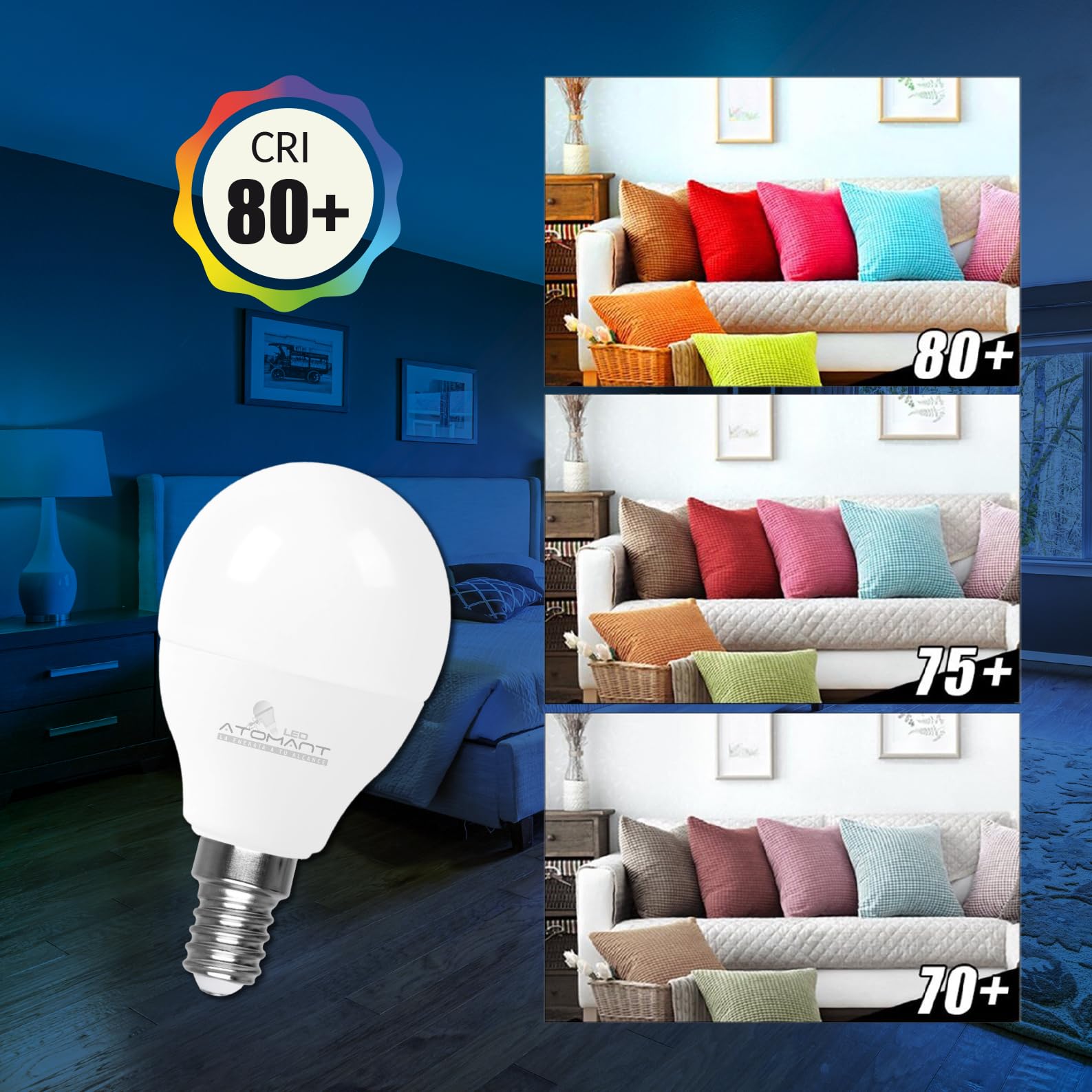 LED ATOMANT Pack 10x Bombilla LED E14 G45 9W, Color Blanco Frio (6500K), 950 Lumenes, Casquillo fino, Equivalente a 95W tradicional