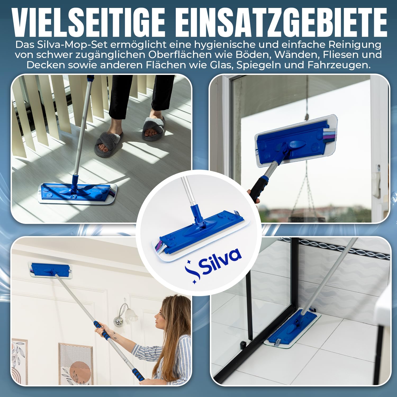 [Test SEHR GUT, Note 1.0*] Silva Ergonomischer Bodenwischer mit Teleskopstiel 90–156 cm | Mikrofaser Wischmopp Set mit 3 Bezügen (nass, trocken, Wand) | 360° Drehgelenk, für Fliesen, Parkett & Fenster