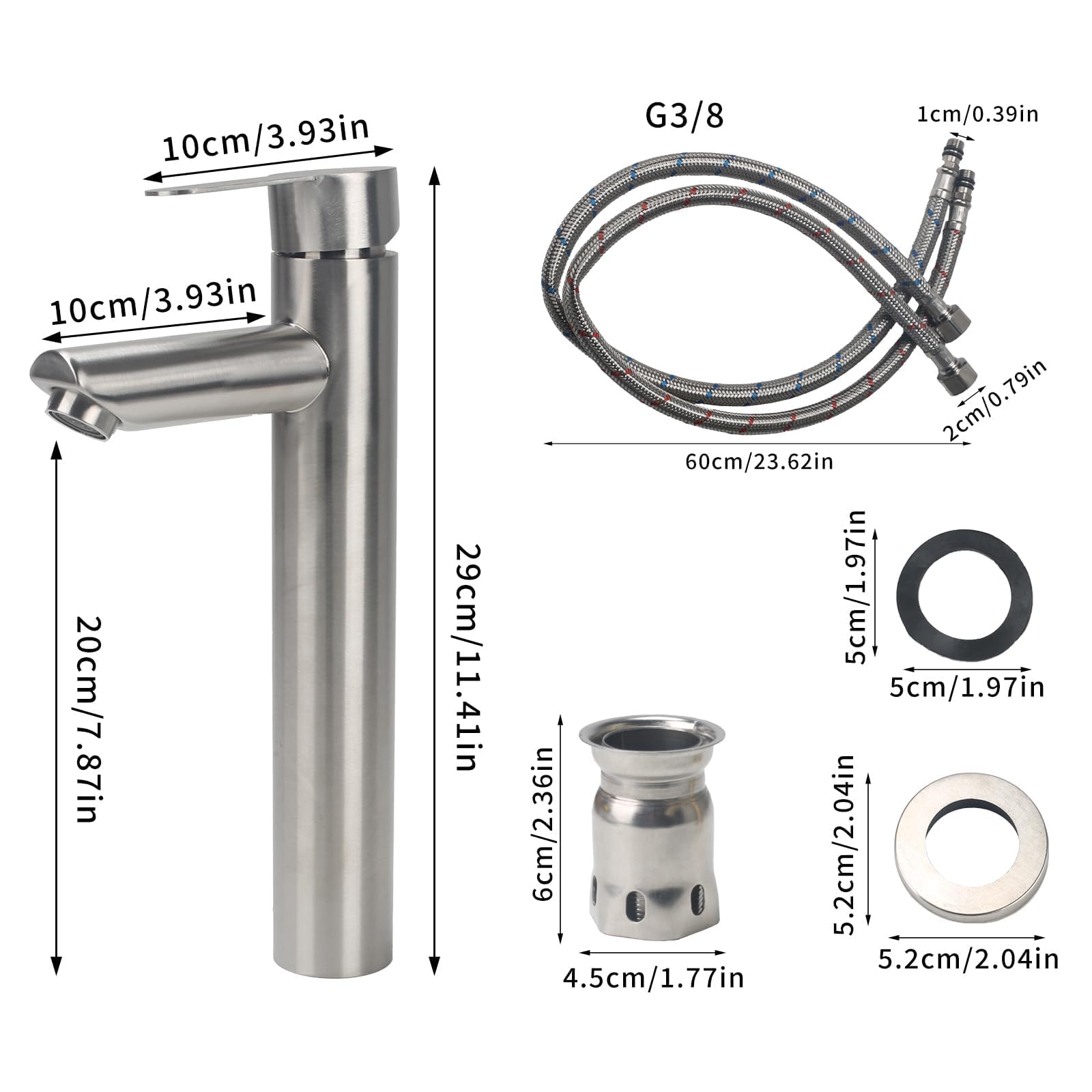 Mitigeur Lavabo Haut Robinet Salle De Bain En Acier Inoxydable 304 | Robinet de lavabo Haut Robinets Lavabo Robinets Salle Bain Contrôle de l'eau Chaude et Froide Noyau de Valve en Céramique