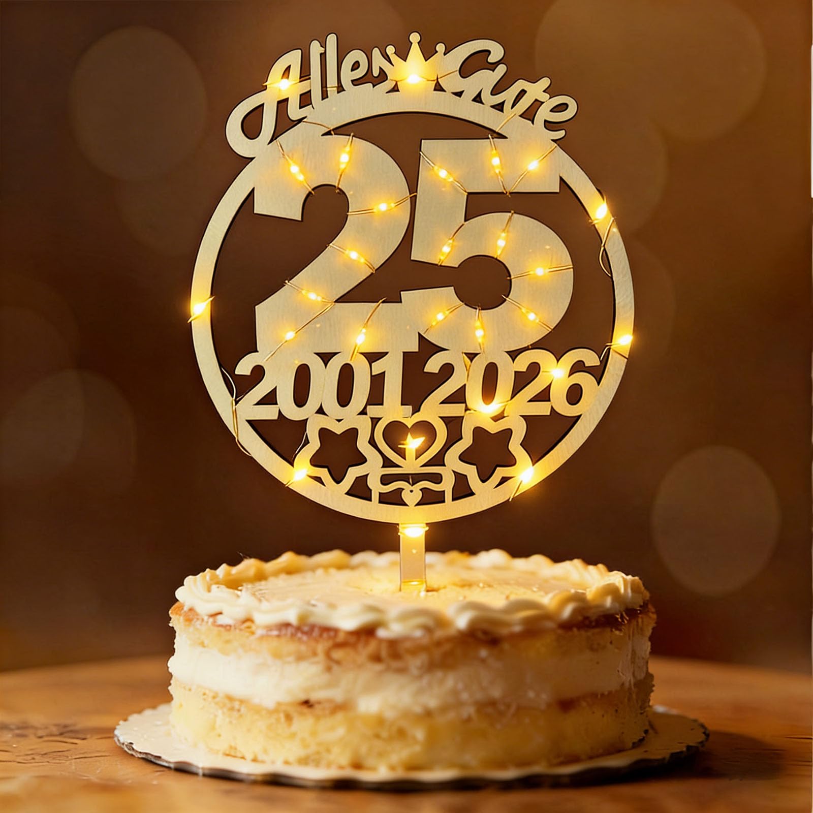 Tortendeko 25 Geburtstag Frau Mann, Seutgjie 25. Geburtstag Silberhochzeit Jubiläum Jahrestag Tischdeko Cake Topper Holz mit LED Lichterkette 2001 bis 2026 Kuchen Deko