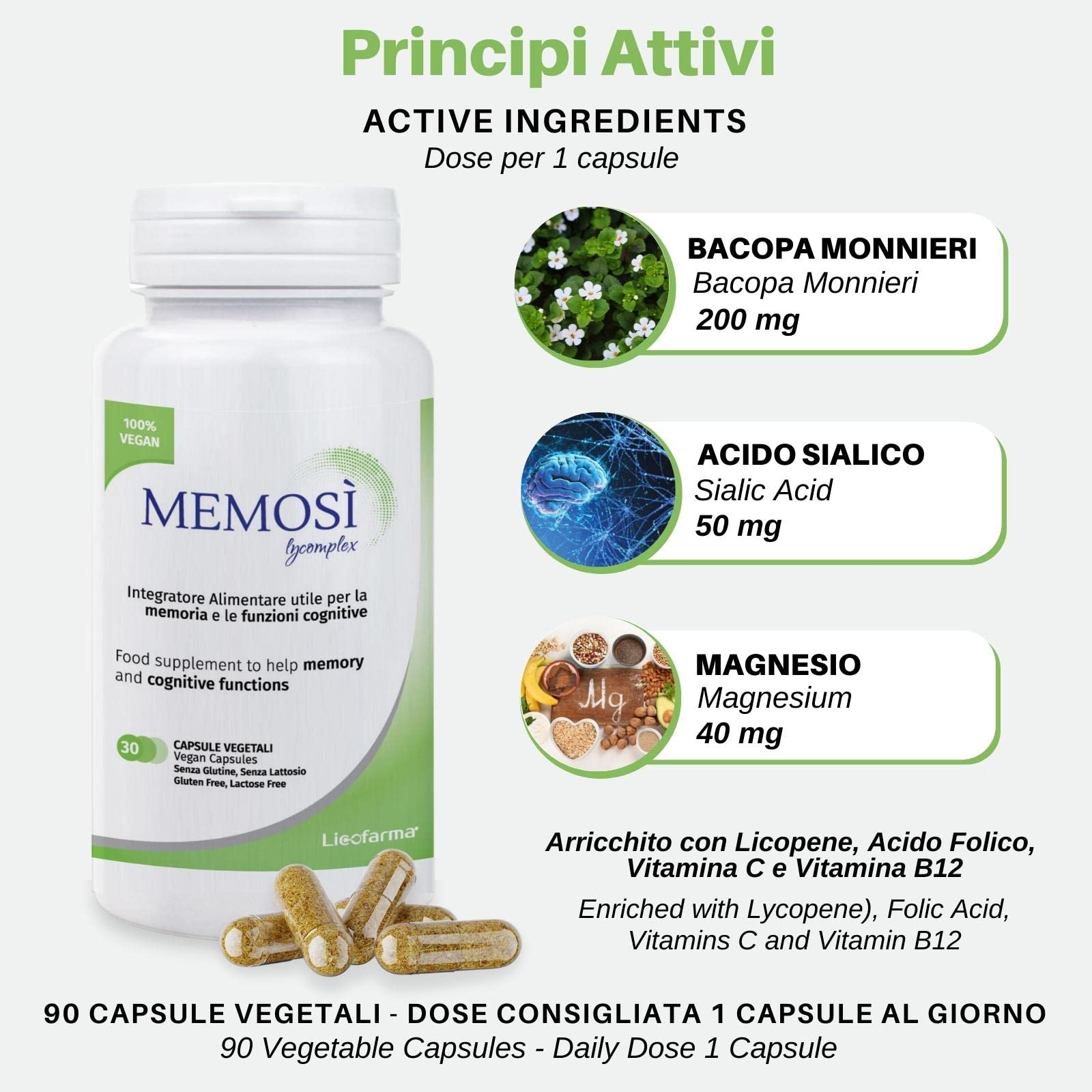 Memosì Lycomplex | Integratore per Sostenere la Memoria e la Funzione Cognitiva | Migliora la Concentrazione | 90 Capsule Vegetali