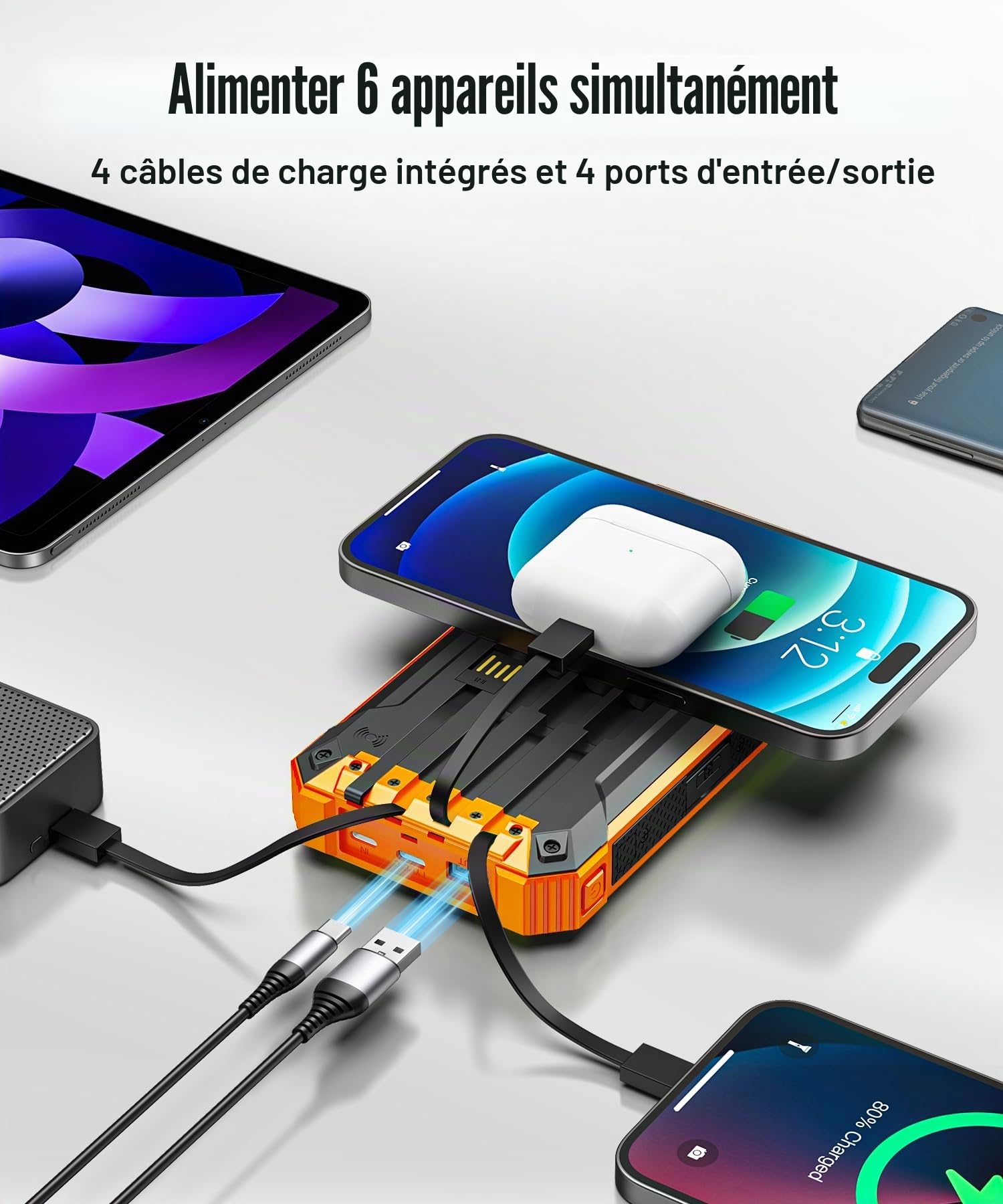 26800mAh Batterie Externe Solaire avec 4 Câbles, USB-C 15W Charge Rapide