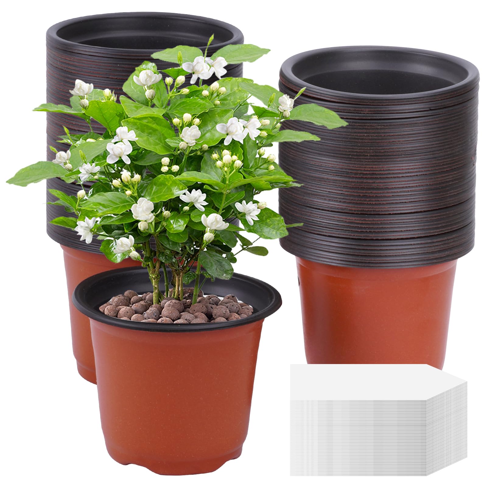 Macetas de Plástico Grueso, 100 Macetas de Cultivo de 4 Pulgadas con 100 Etiquetas para Plantas, Macetas de Jardinería para Interiores y Exteriores para Semillas, Verduras, Suculentas, Color Marrón