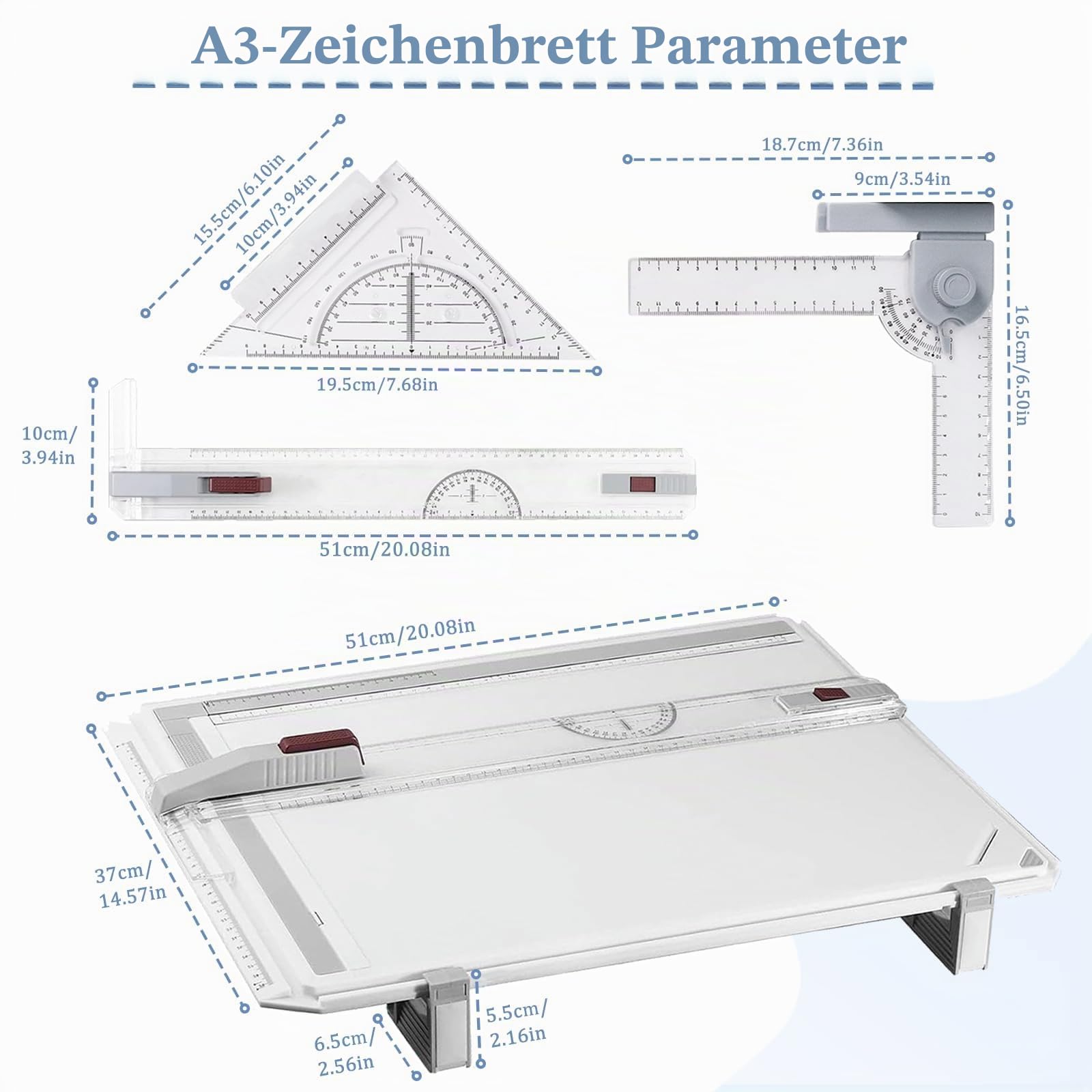 Zeichenbrett 51 x 37 cm, Zeichenplatte DIN A3, Multifunktionales Technisches Zeichnen mit Parallelbewegung und Verstellbarem Winkel, Zubehör für Architekten Ingenieure Lehrer Inklusive Tragetasche
