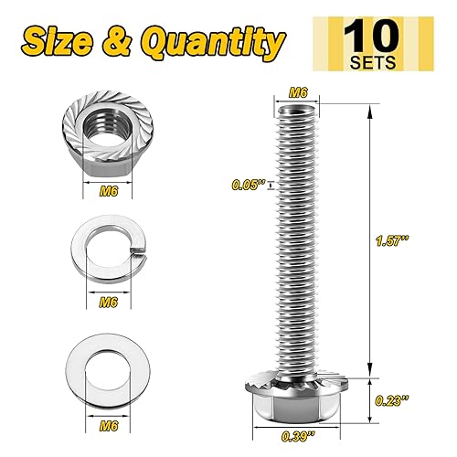 Miniatura 18 de Perno M6x1.0 (10 juegos) M6 x 0.787 in Brida Hex Head Tuercas y Pernos, Tornillos hexagonales de brida de perno M6 con tuercas y arandelas, Surtido