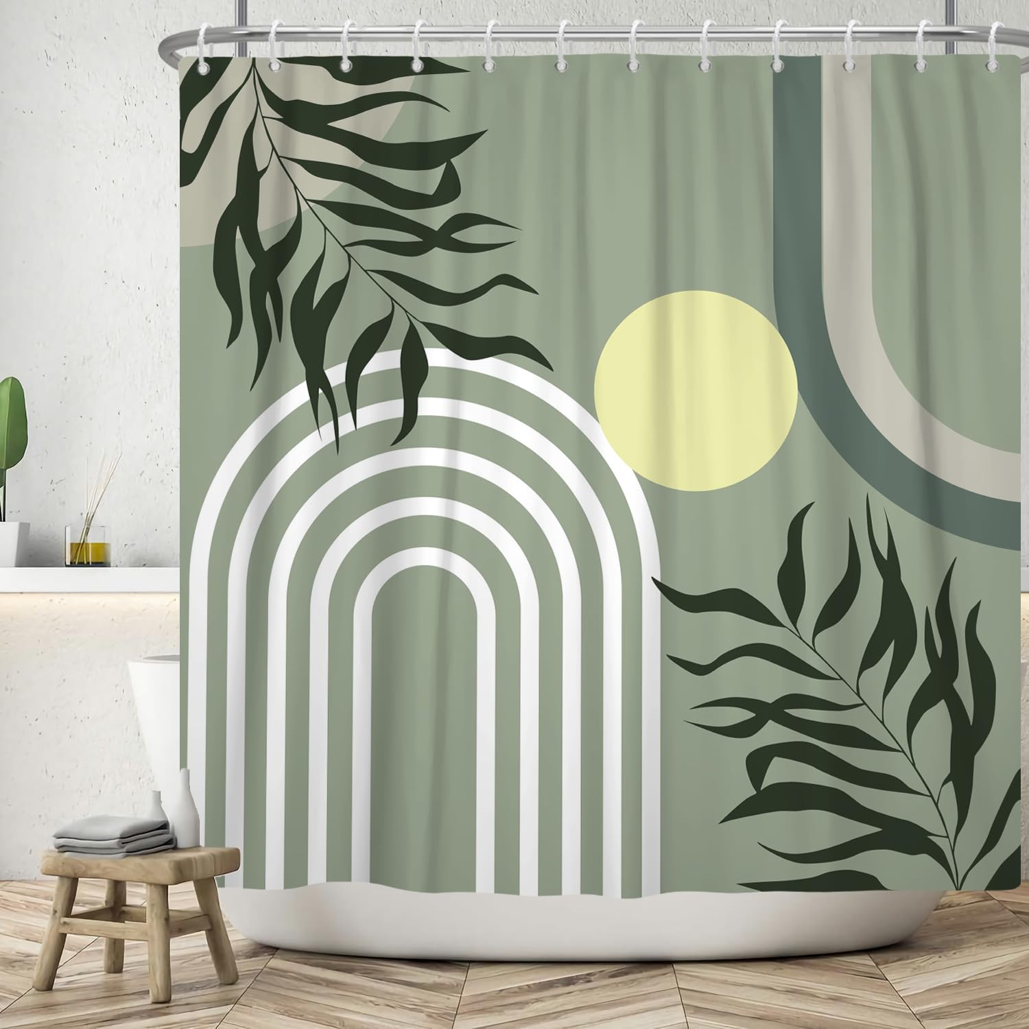 ASDCXZ Boho Shower Curtain 180x180 cm, Modern Abstract Boho Style Green Leaves Yellow Sun Sage Green Bath Washable Shower Curtains Polyester Textile Waterproof Bath Curtain for Bathtub with 12 Hooks