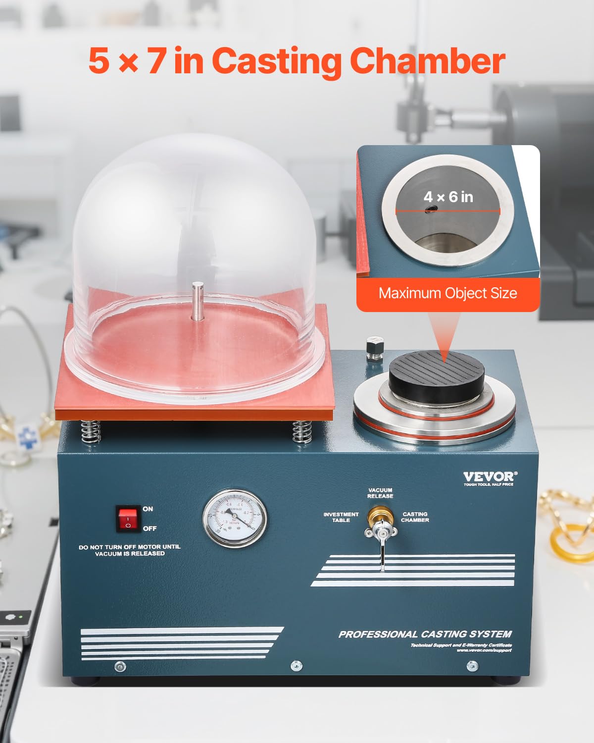 VEVOR Macchina per Fusione Sotto Vuoto, Potenza 290 W Macchina Centrifuga di Colata Gioielli con Pompa e Campana di Vetro, Comoda Porta di Iniezione dell'Olio, Banco da Lavoro 280 x 280 mm