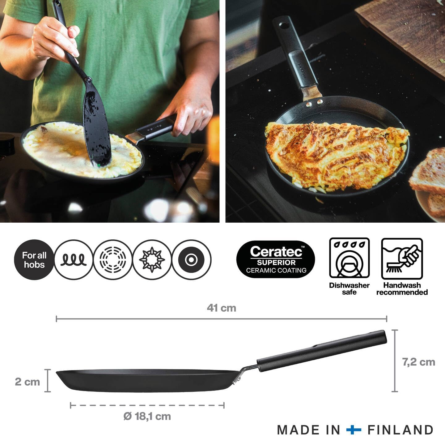 Fiskars omelette pan, hard face, diameter 22 cm, suitable for all hobs, non-stick coating, scratch-resistant, aluminium/plastic, black, 1075522