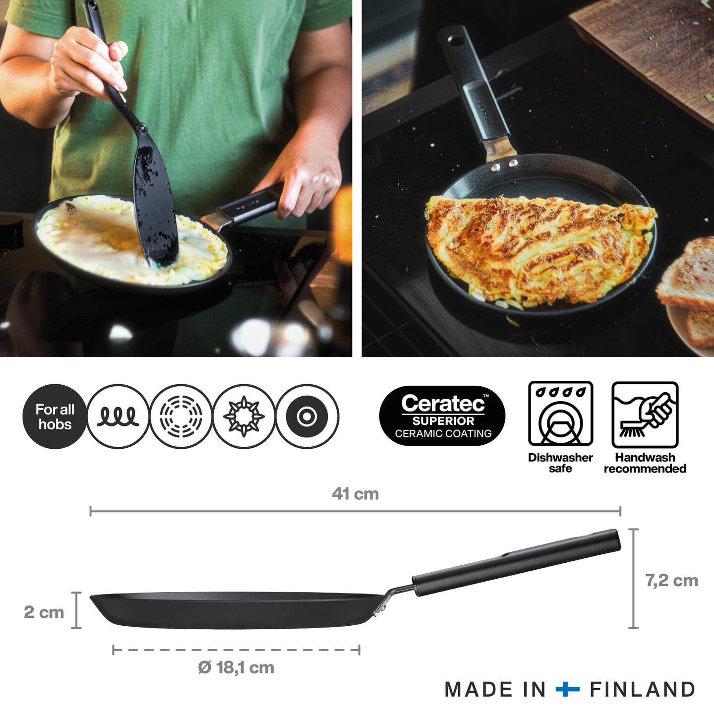 Fiskars Padella per Omelette, Hard Face, Diametro 22 cm, Adatta a Tutti i Piani Cottura, Rivestimento Antiaderente, Resistente ai Graffi, Alluminio/Plastica, Nero, 1075522