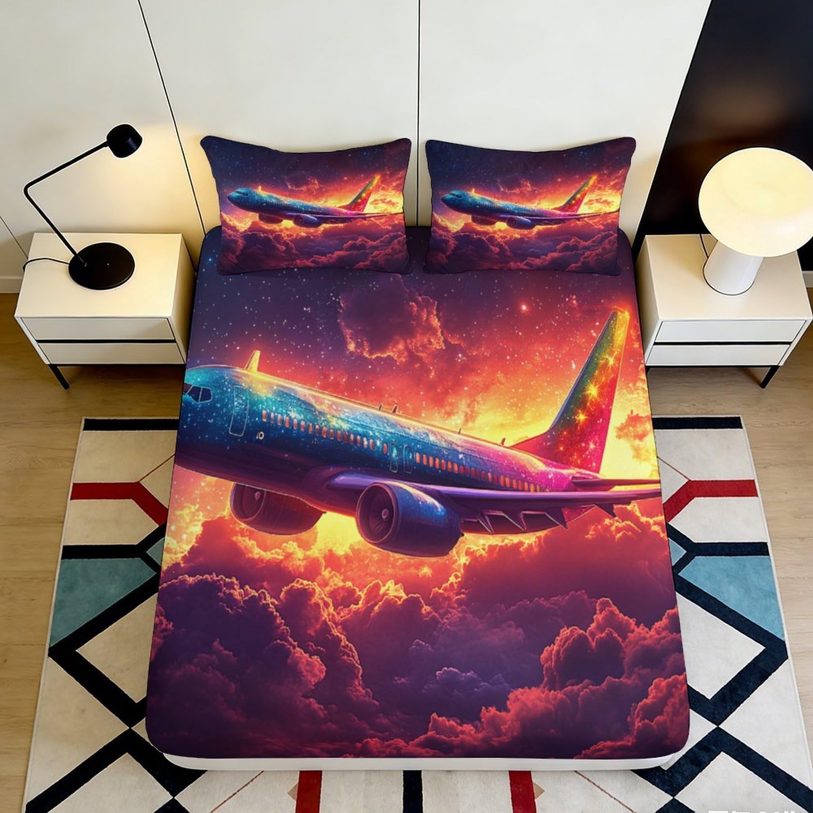 3D Printed Sunset Sky Fitted Sheet Microfiber Soft Breathable Airplane Bed Cover for Bedroom Dorm Mattress Protection Decor 140x200x25cm