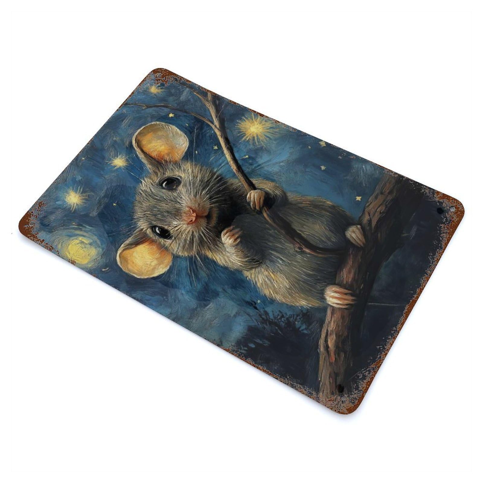 Mouse Under Starry Sky Decorative Tin Sign 11.8"x7.9", for Cafe, Home Bar And Lounge Decor, Decorative Metal Wall Art