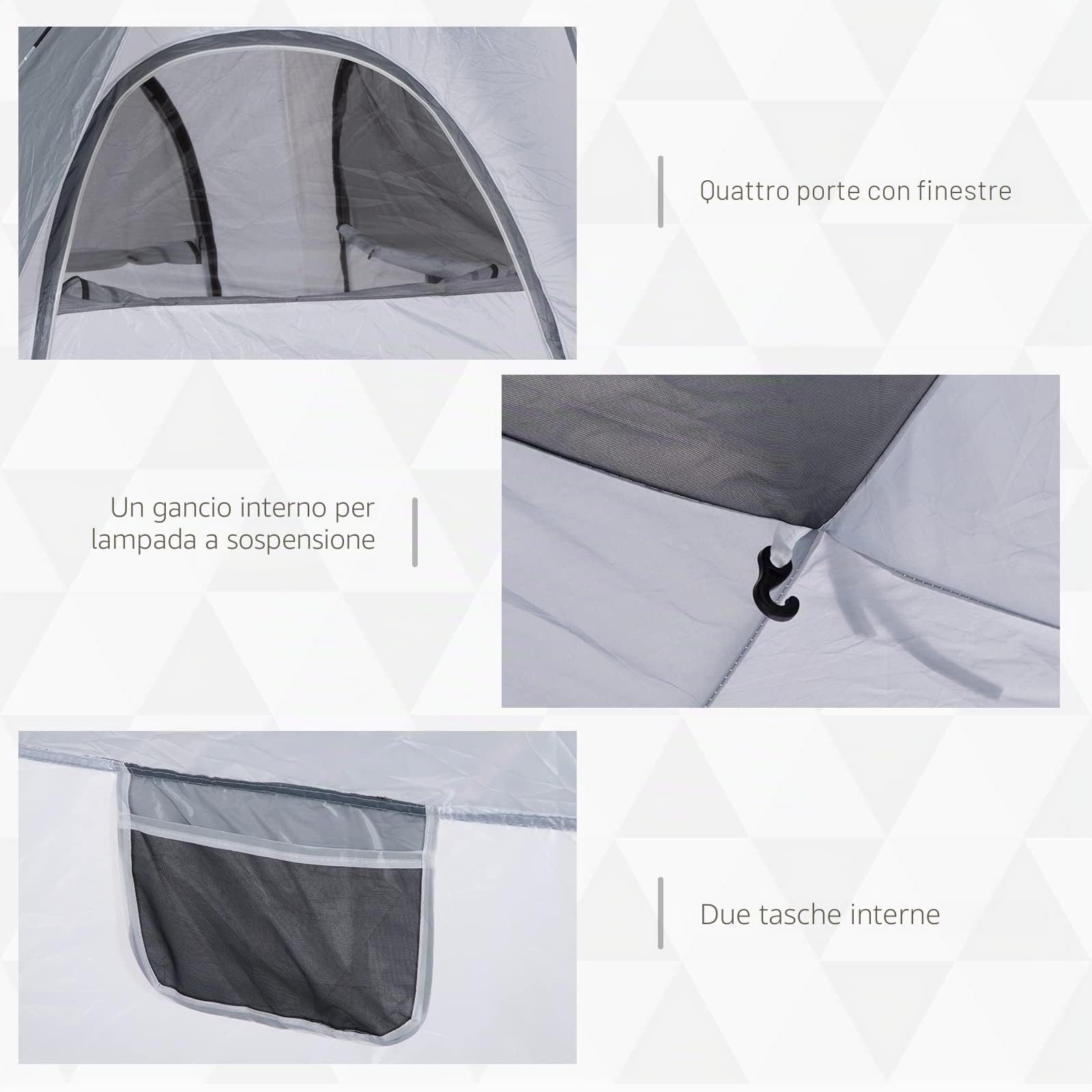 Outsunny - Tenda da campeggio per famiglie, 4 persone, montaggio istantaneo Pop-up 4 finestre, parasole, dim. 2,4 x 2,4 x 1,99 H m fibra di vetro poliestere