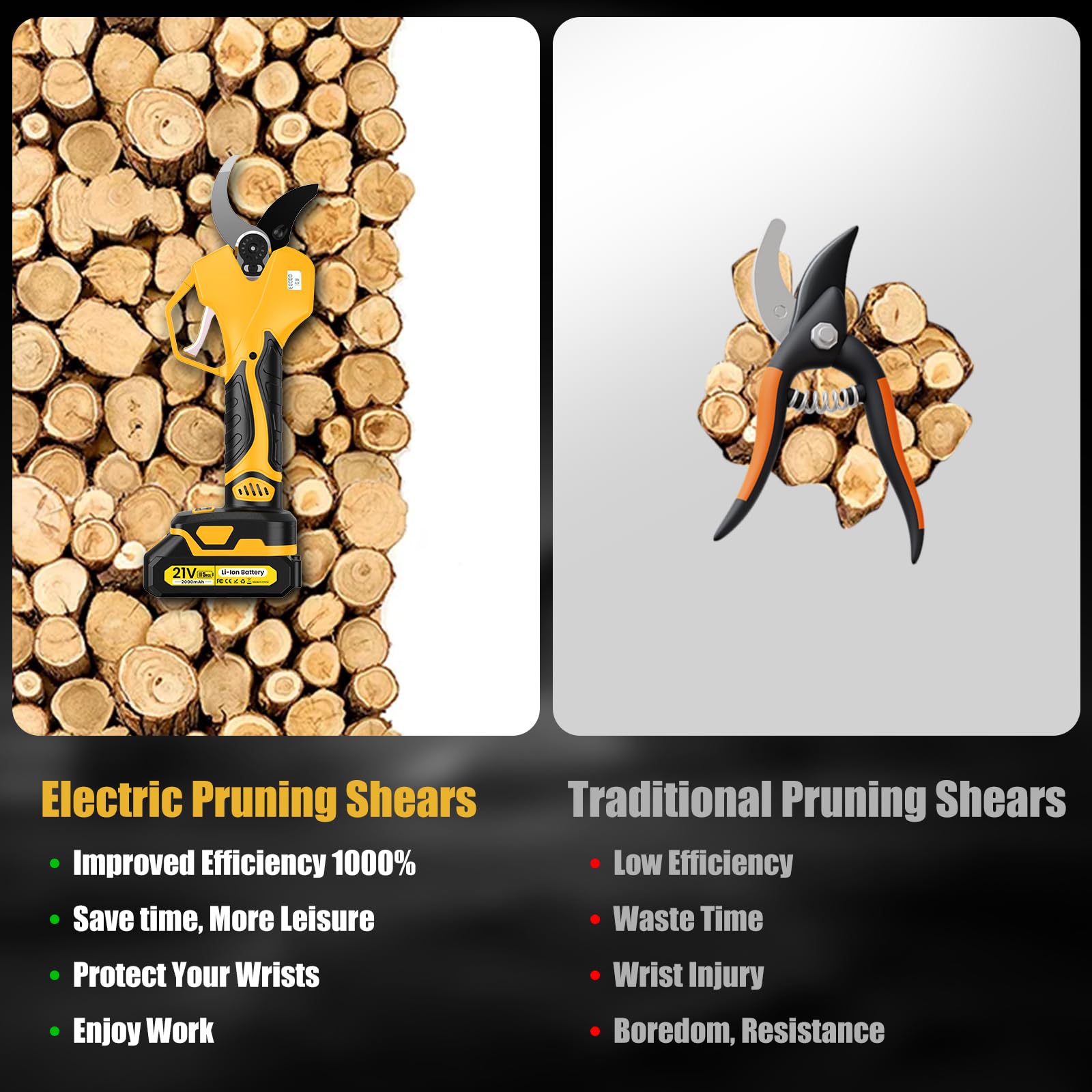 Tijeras De Podar Electricas, 50mm Tijeras De Podar Bateria, Con varilla de extensión, pantalla, motor sin escobillas de 1000 W, 2 baterías de 2000 mAh, Duración de la batería de 4 a 8 horas