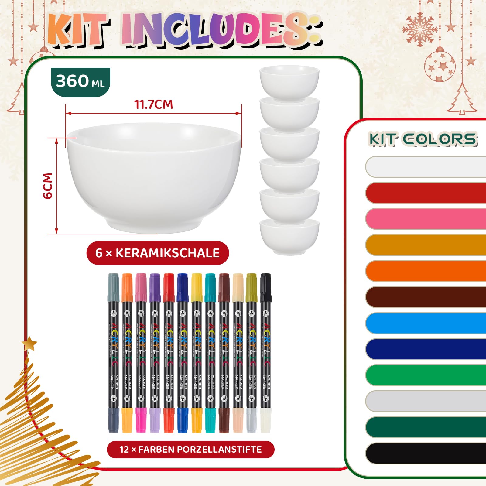 Sinmoe DIY Keramik Bemalen Set 12 in 24 Farben Porzellanstifte Spülmaschinenfest und 6 Keramikschale Keramikstifte mit Doppelspitzezum Bemalen und Verzieren von Töpferwaren, Keramik(Rand 11,7cm)