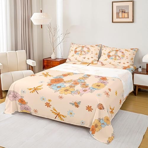 Juego de sábanas retro de los años 60 y 70, tamaño Queen, Groovy Flower Power Peace Sign, juego de ropa de cama bohemio con diseño de mariquita y