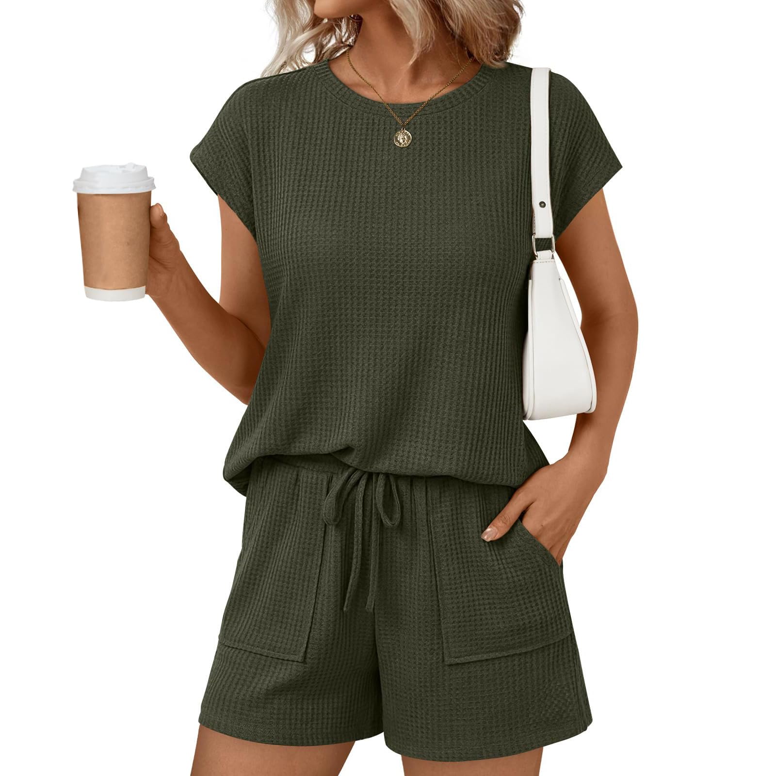 Womens Two Piece Knit Lounge Set Short Sleeve Top And Drawstring Shorts Casual Texture Outfits For Daily Wear