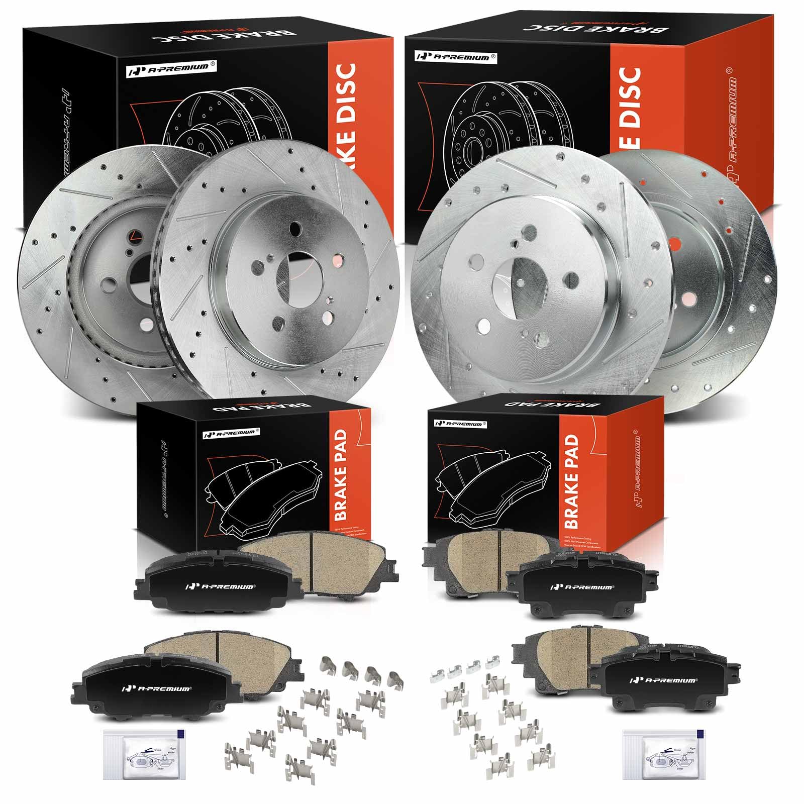 A-Premium Front and Rear Drilled and Slotted Disc Brake Rotors + Ceramic Pads Kit Compatible with Select Toyota Models - Corolla 2019 2020 2021 2022,