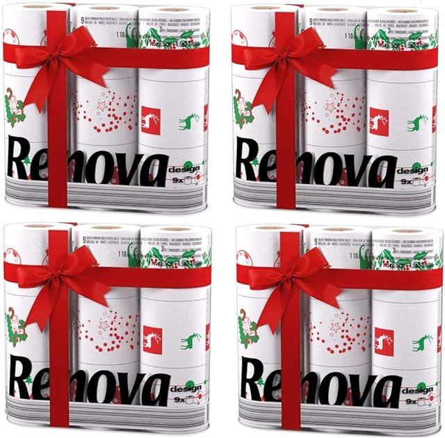 Renova White Print 3 Ply Christmas Xmas Toilet Tissue Paper Rolls (36 Rolls)