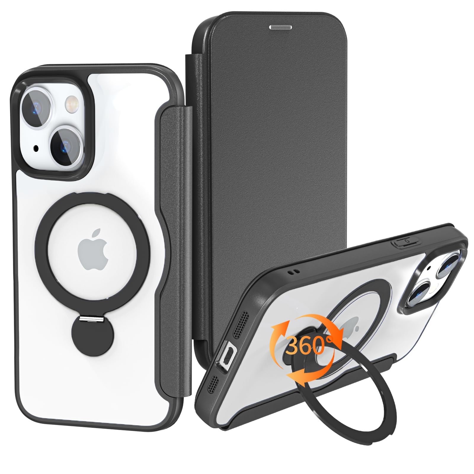 【実用性が高い手帳型】 iPhone 15 用 ケース 手帳型 2枚カード収納 背面クリア 360度回転するMagSafeリングが超便利 軽い 薄型 耐衝撃 全面保護 縦横両対応 レザー素材 マグセーフ対応 おしゃれ 黒