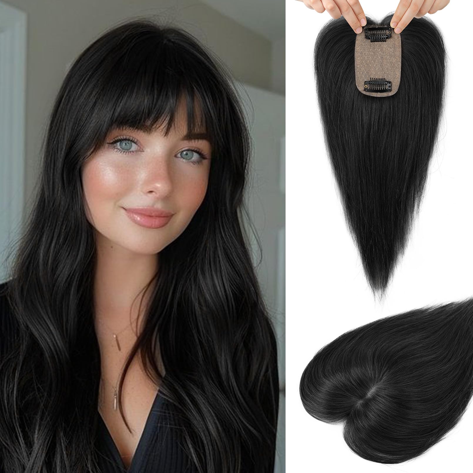 Flufymooz Real Human Hair Toppers for women, 10 Inch Clip in Bangs 100％ Human Hair Toppers for Thinning Hair, Cover Hairpiece with 150% Density Silk