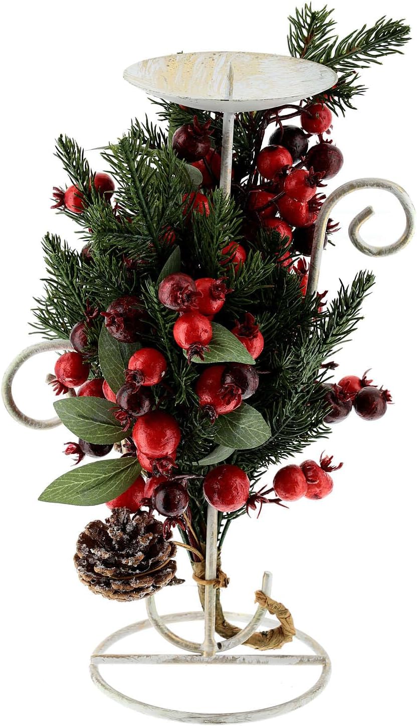 Candle Holder 10 cm Christmas red Berries Leaves 30 cm