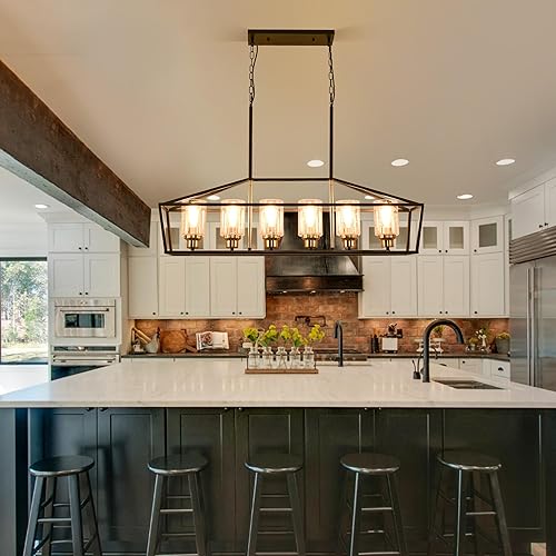 Miniatura 2 de Iluminación negra para isla de cocina, 6 luces, moderna casa de campo, comedor, lámpara de araña lineal rectangular con pantalla de vidrio sembrado