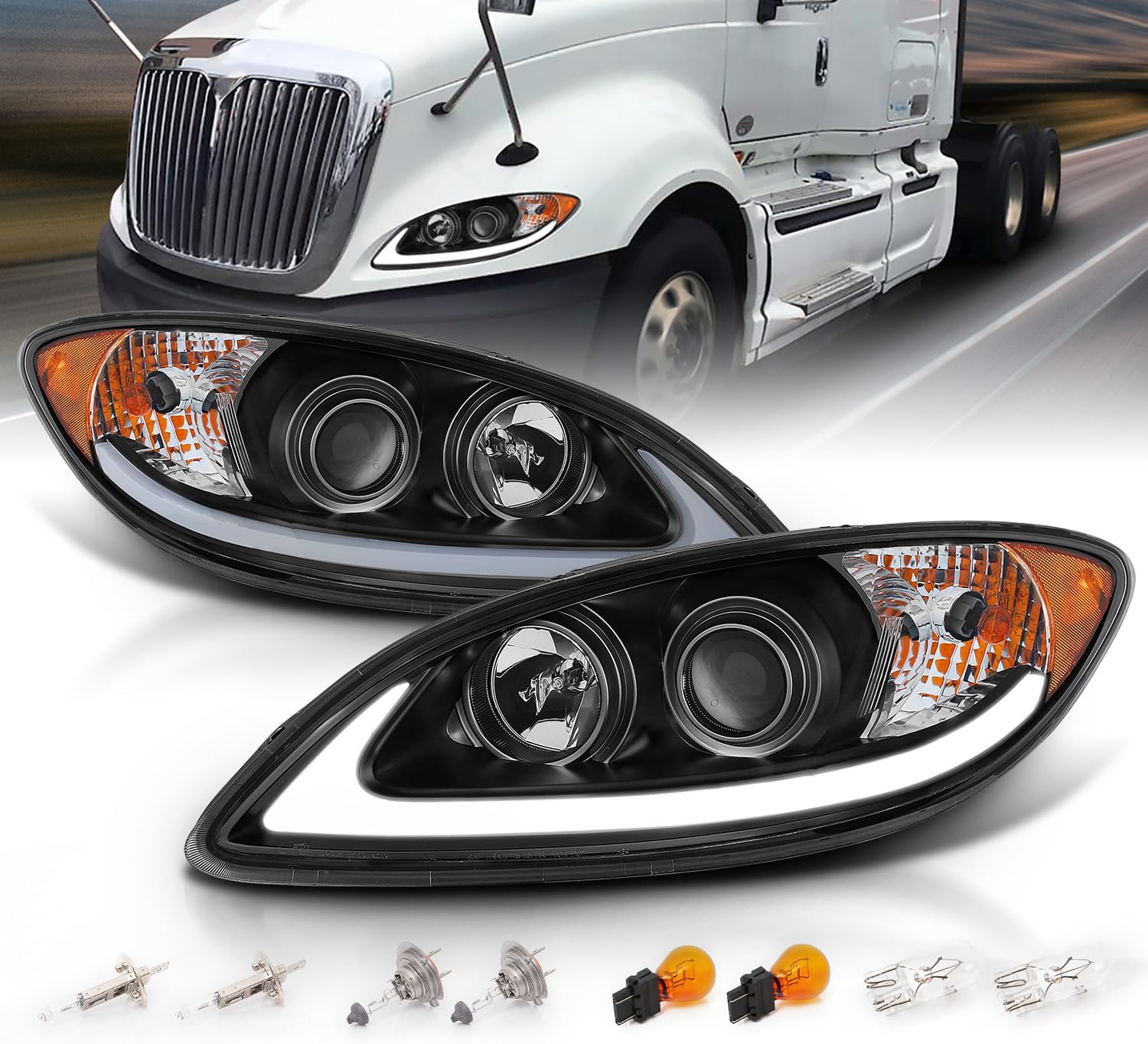 AmeriLite Black LED Glow Bar Projector Headlights Pair For 2008-2016 International ProStar Replacement
