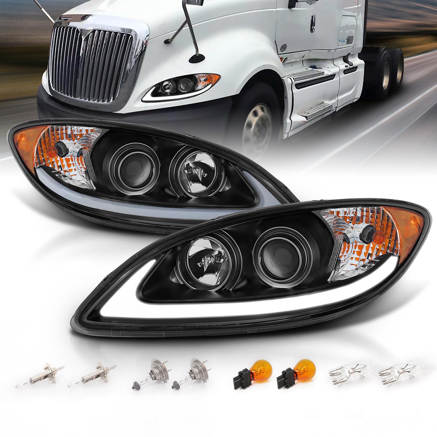 AmeriLite Black LED Glow Bar Projector Replacement Headlights Pair for 2008-2016 International ProStar Heavy Truck - Left and Right Side