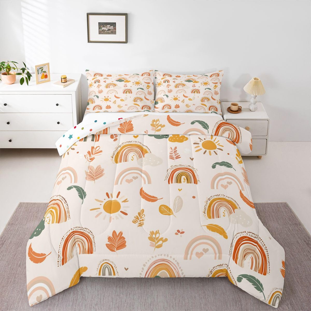 Bohemian Rainbow Full Comforter Set For Girls Mid Century Style Boho Sun Botanical Leaves Floral Bedding Set For Kids Boys Cartoon Stars Clouds Bed