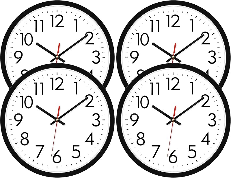 Lumuasky Paquete de 4 relojes de pared negros, 12 pulgadas, silencioso, funciona con pilas, de cuarzo, redondo, analógico, clásico, diseño moderno para el hogar, oficina, aula, escuela, sala de estar, dormitorio