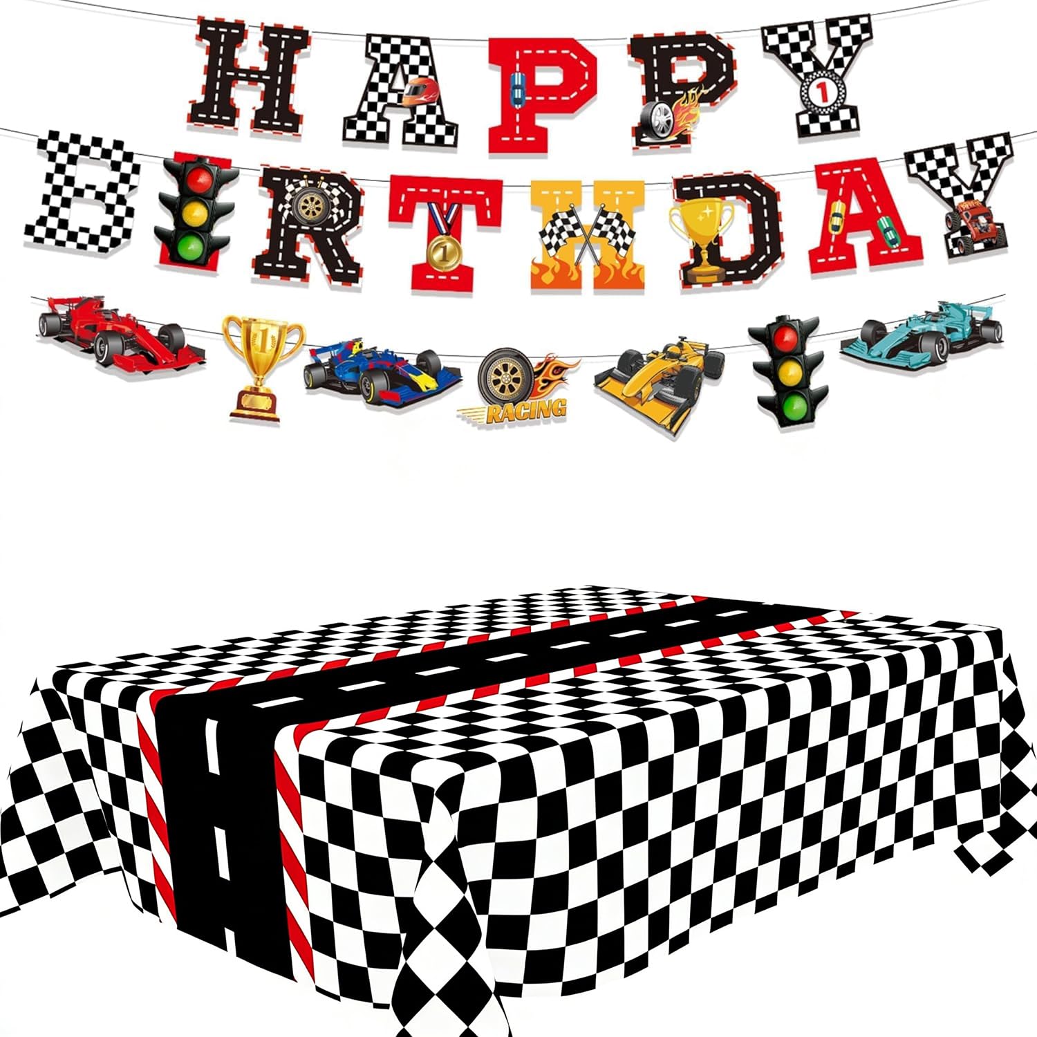 Race Car Themed Happy Birthday Decor Kit, Complete Racing Party Supplies with Banner and Tablecloth, Ideal for Race Car Birthday Parties — image 1
