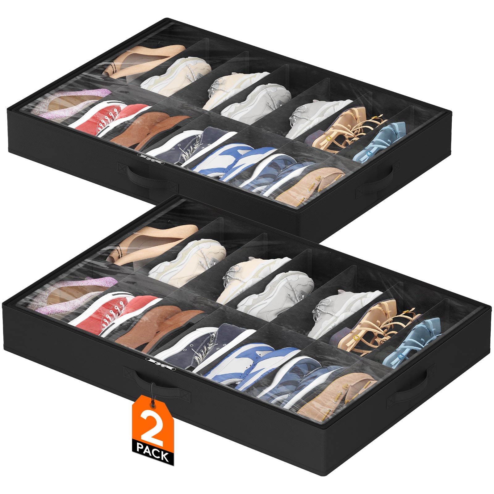 Lifewit Unterbett-Schuh-Organizer, 2 Stück (14 Paar), 10,9 cm hoch, Stoff-Schuhbehälter, faltbare Schrank-Schuhtasche mit 2 verstärkten Griffen und transparenter Abdeckung, Schwarz