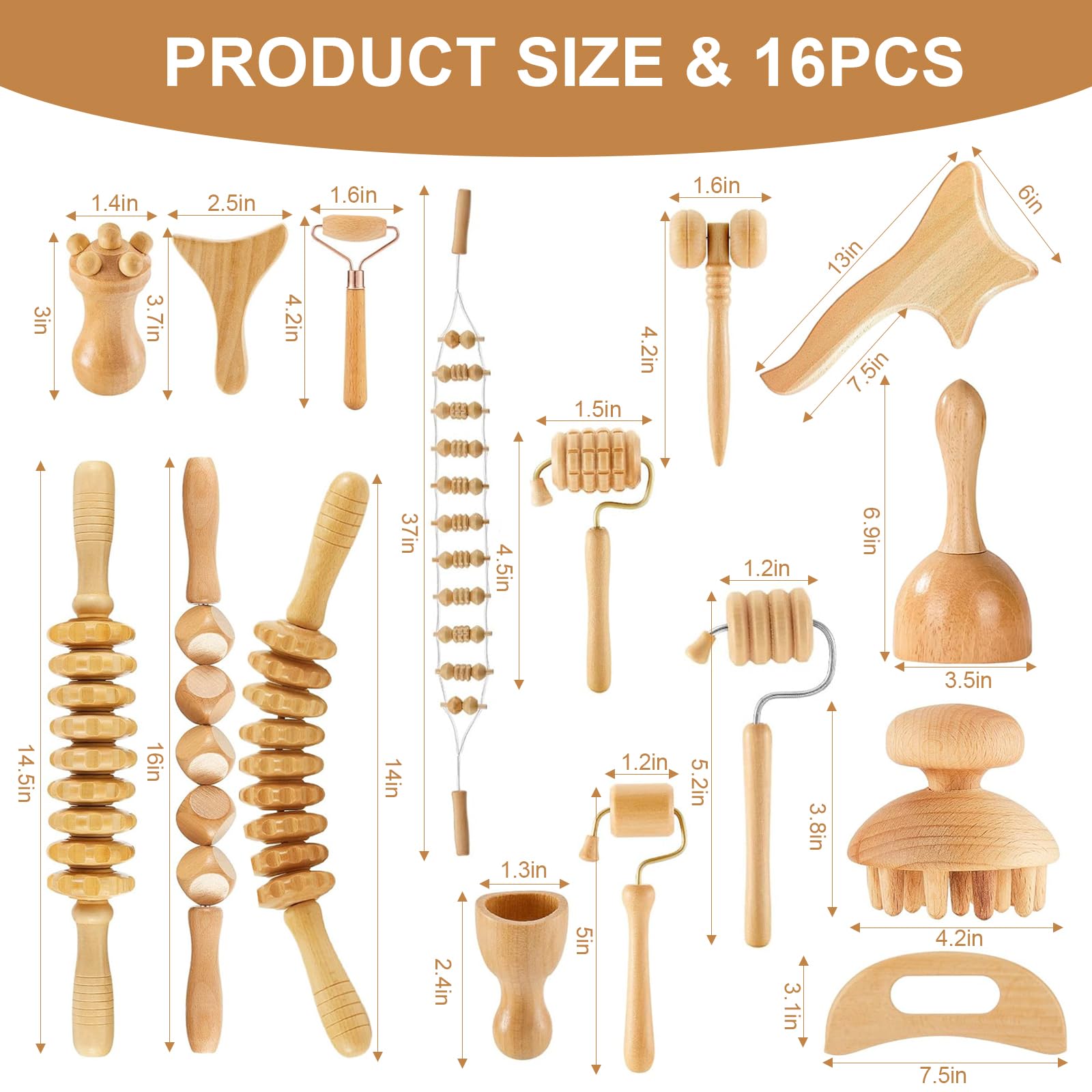 16Pcs Wood Therapy Massage Tools Set, Maderoterapia Massage Kit with Wooden Gua Sha Tools, Body Sculpting & Lymphatic Drainage Massager, Muscle Relaxation Roller for Face, Back, Legs & Full Body