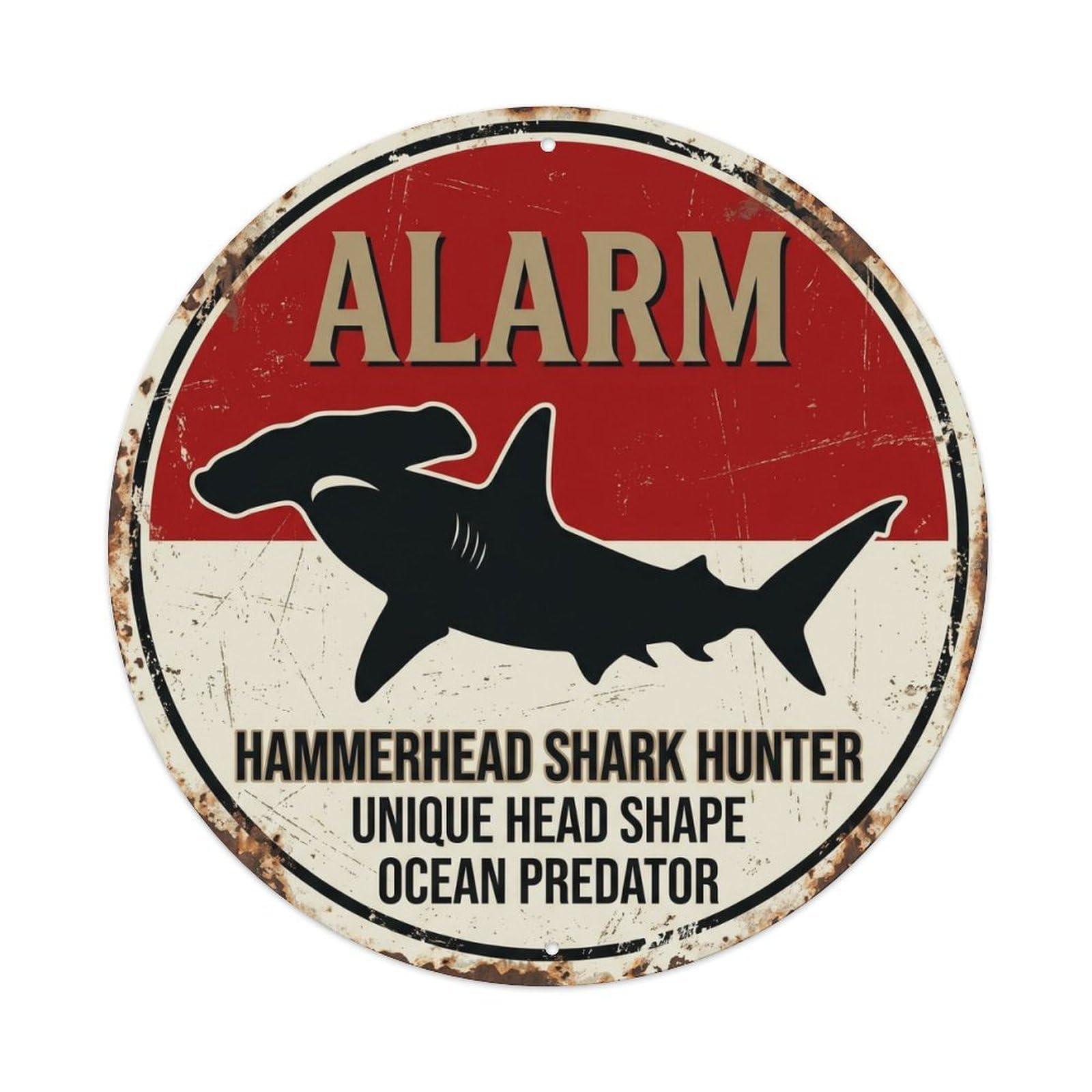 Danger Badge Ocean Wildlife Retro Hammerhead Shark Hunter Metal Tin Sign Plaque Wall Decor for Cafe, Man Cave, Club Bar, Office, Home Garden Round Metal Poster 8x8Inch
