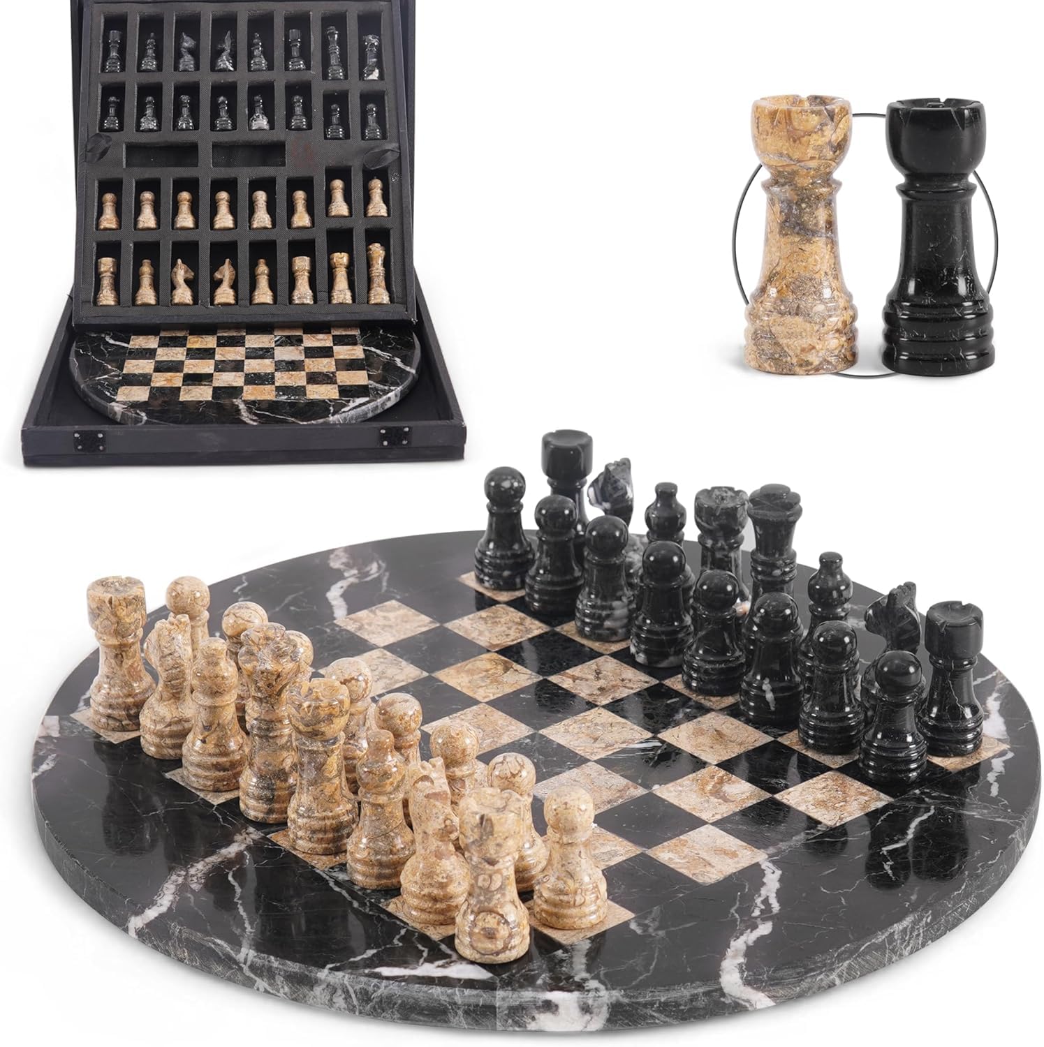 EarthenTones Marble Chess Set for Adults, Oceanic & Zebra Black 12" Handmade Chess Board with Storage Box & 2 Extra Queens, Classic 2-Player Game, Unique Gift & Home Décor — image 1