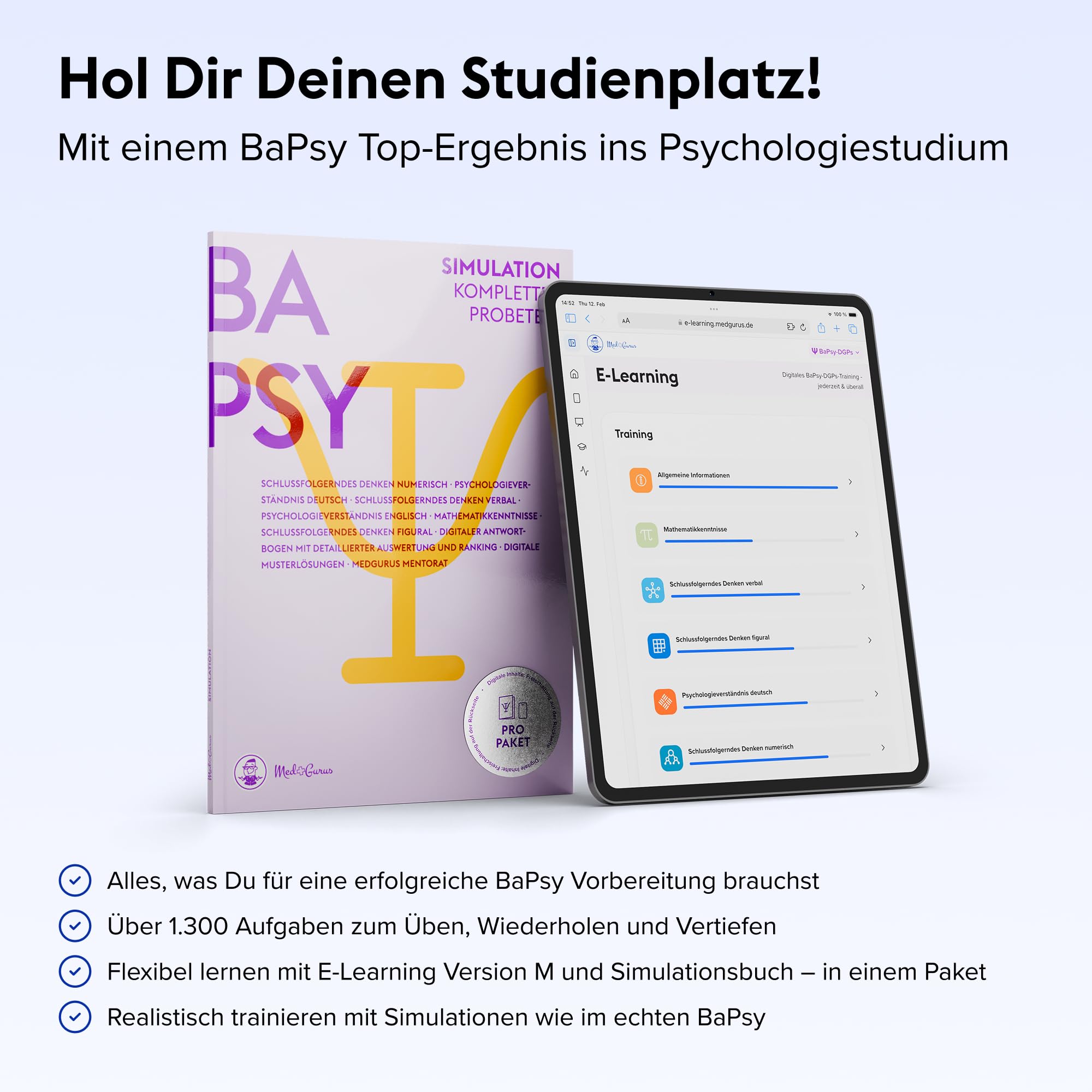 MedGurus - BaPsy-DGPs Vorbereitung - Pro Paket – Simulationsbuch & E-Learning mit über 1.250 Übungsaufgaben - zur Vorbereitung auf den Studieneignungstest Psychologie