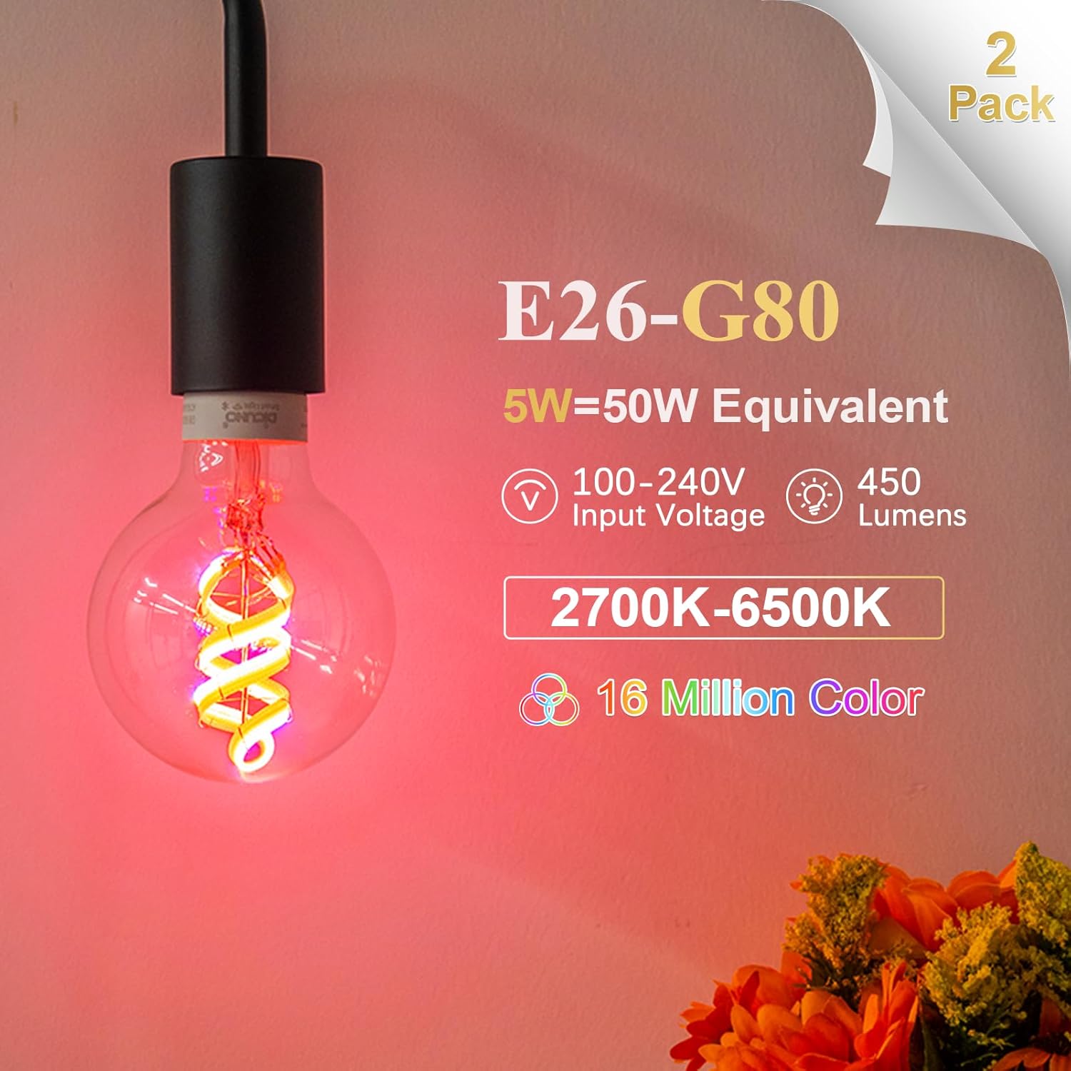 DiCUNO Smart Edison Bulb G80, Color Changing WiFi Smart Light Bulb, Vinatge Globe Filament Bulb Compatible with Alexa & Google, Dimmable with App, 50 Watt Equivalent 450LM, No Hub Required, 2 Pack