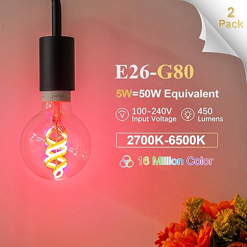 Miniatura 2 de DiCUNO Bombilla Smart Edison G80, bombilla inteligente WiFi que cambia de color, bombilla de filamento Vinatge Globe funciona con Alexa y Google,