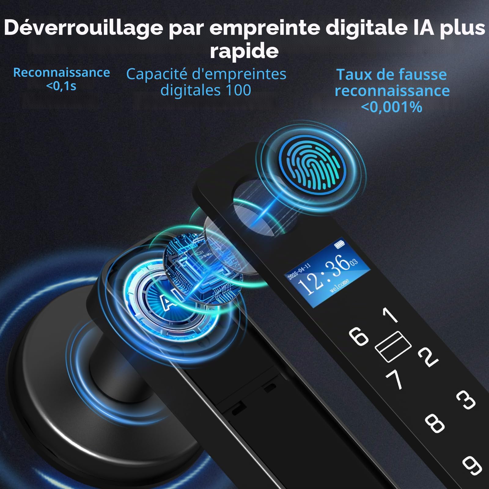 Anweller Serrure de porte intelligente avec écran d'affichage, serrure de porte biométrique à empreintes digitales avec clavier à code APP entrée sans clé serrure intelligente poignée de porte pour